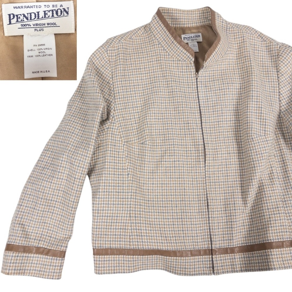 Pendleton Wool Jacket Womens Plus Tan Blue Houndstooth Leather Trim Vintage 80s